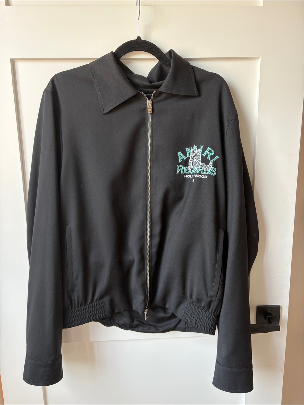 AMIRI Black Wool Bomber Jacket with Turquoise Logo
